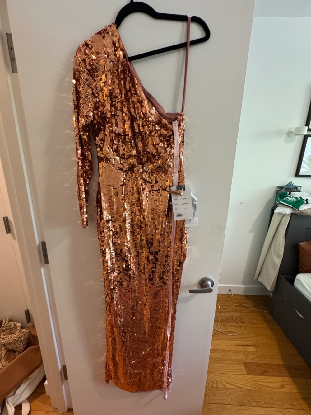Mac Duggal Rose Gold Sequin One-Shoulder Prom Dress